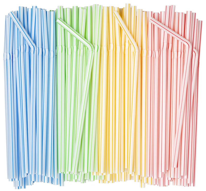 Comfy Package [400 Pack] 7.75"High Flexible Plastic Straws, Disposable Drinking Straws - Striped Assorted Colors - Image 1